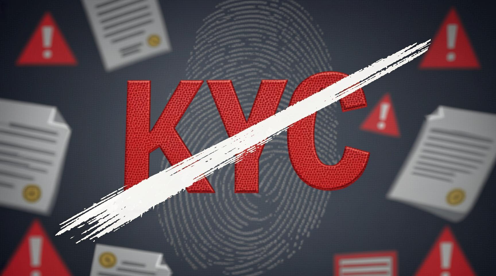 The letters KYC crossed out over a fingerprint, surrounded by documents and warning signs