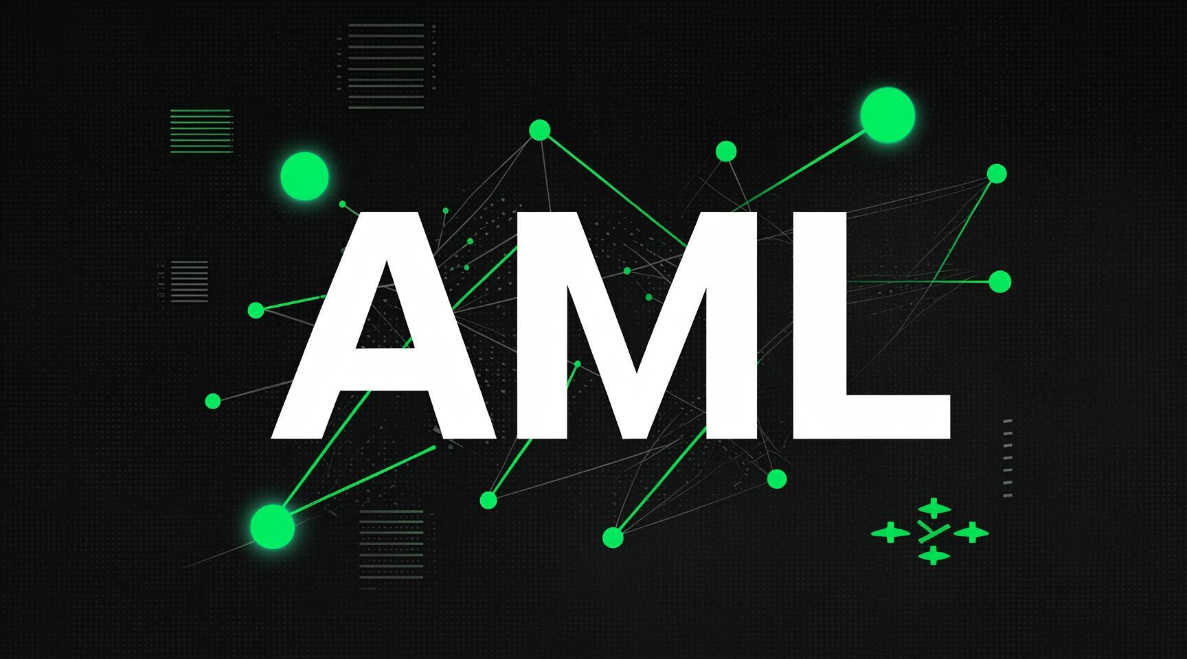 The letters AML on a dark background over a green graph of links between addresses