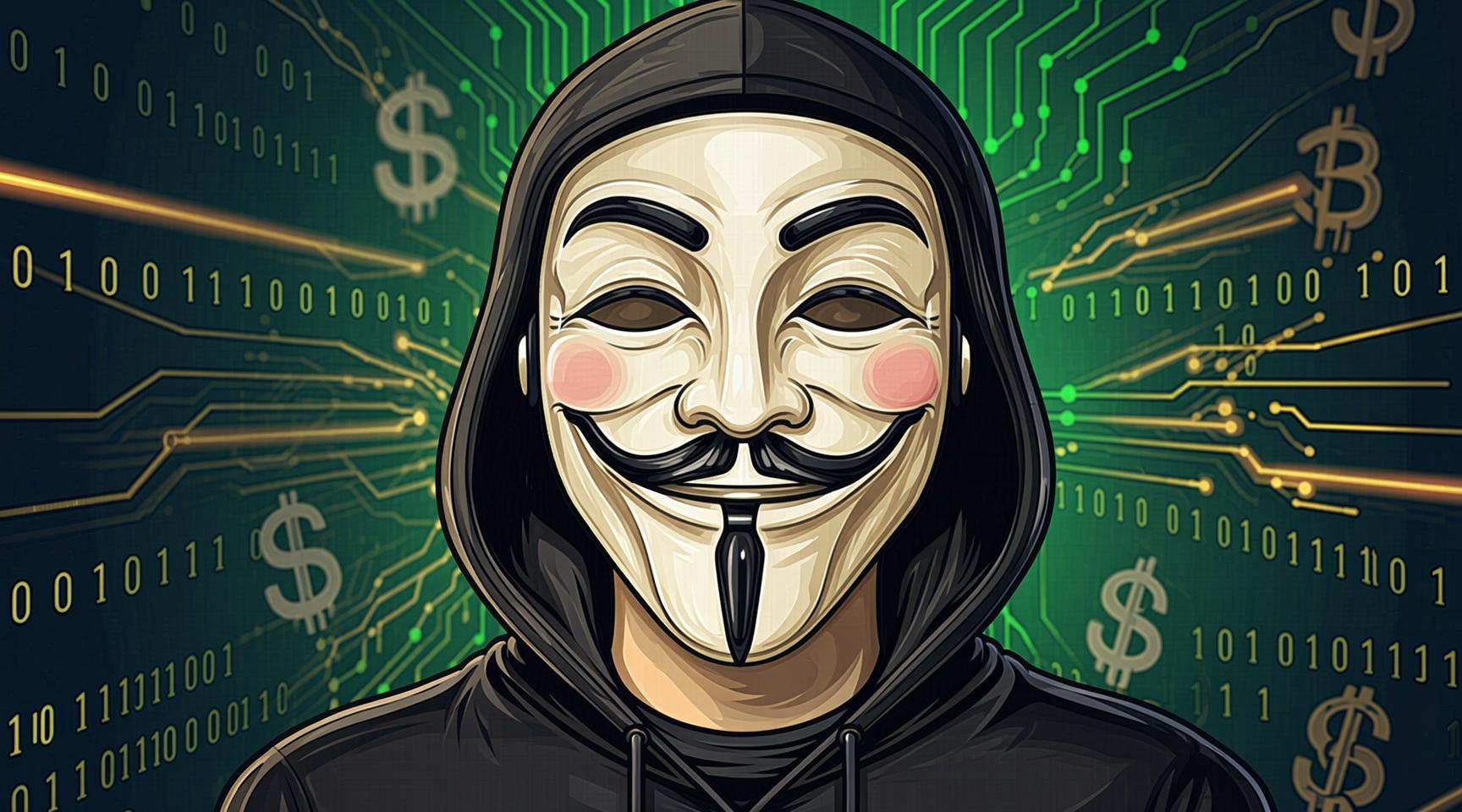 An Anonymous mask in a hood against a green circuit board and binary code