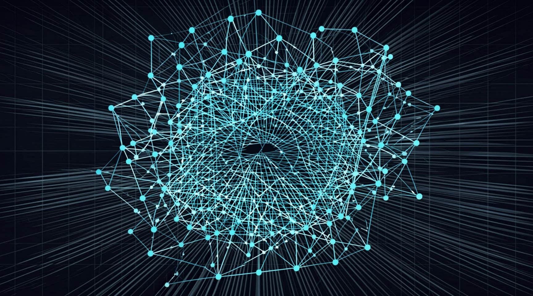 A dense graph of cyan nodes and the links between them on a dark background