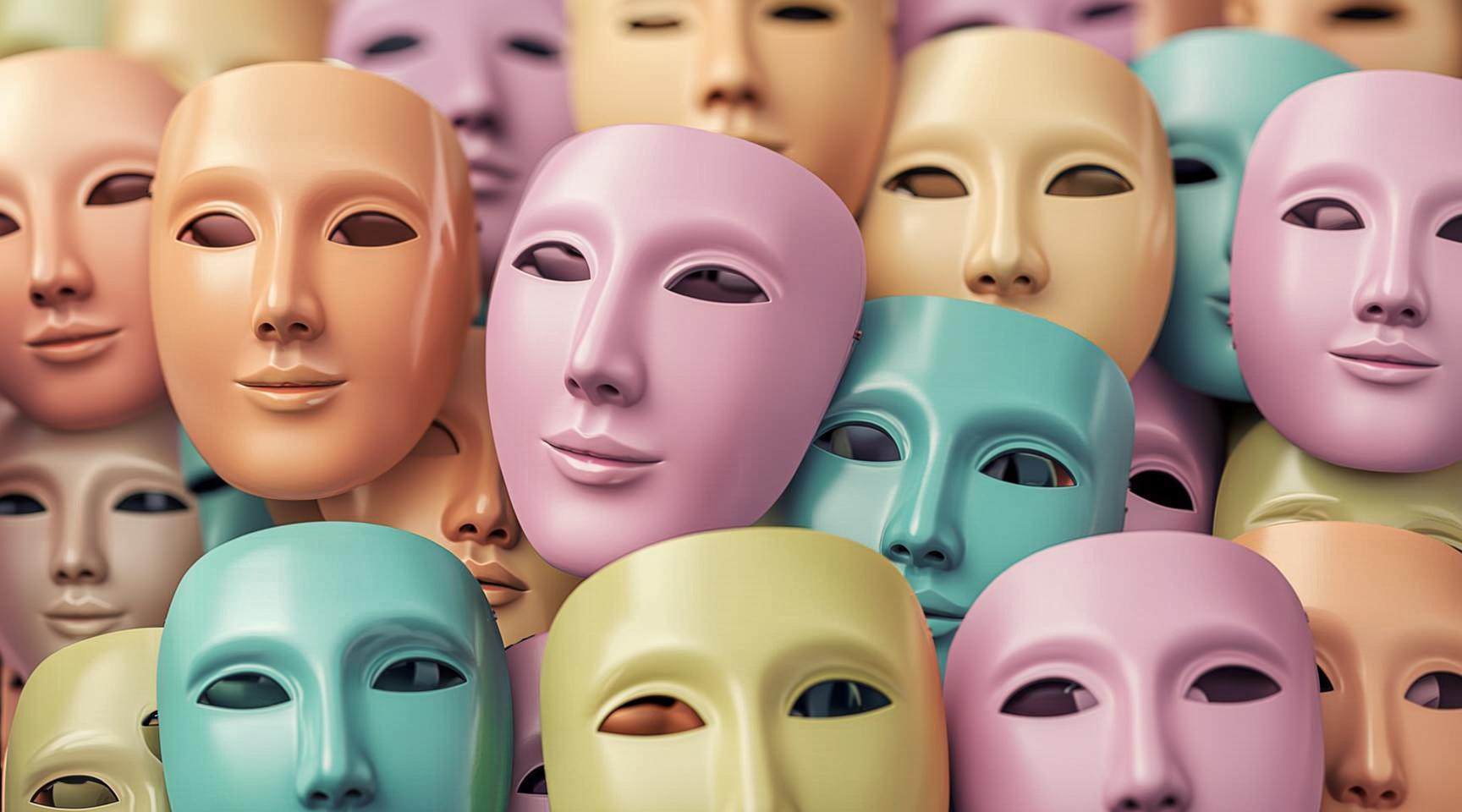 A wall of identical pastel faceless masks, one of them standing out in front