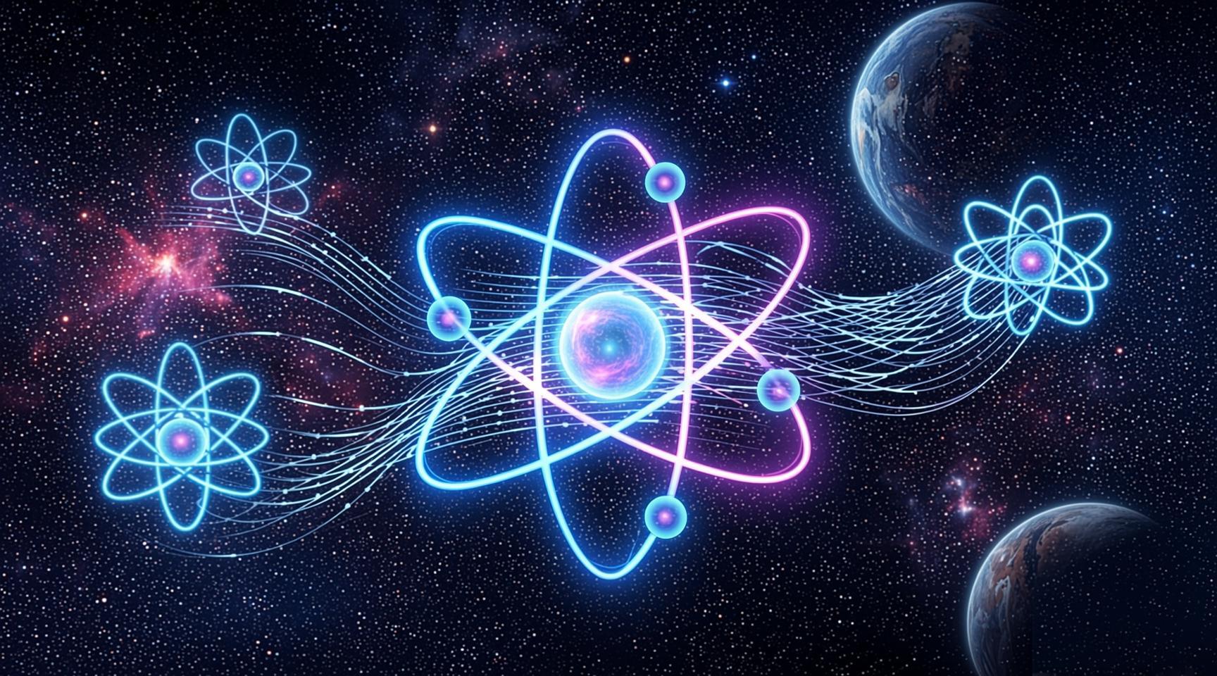 Glowing neon atoms in space, each linked to a larger central atom by streams of light