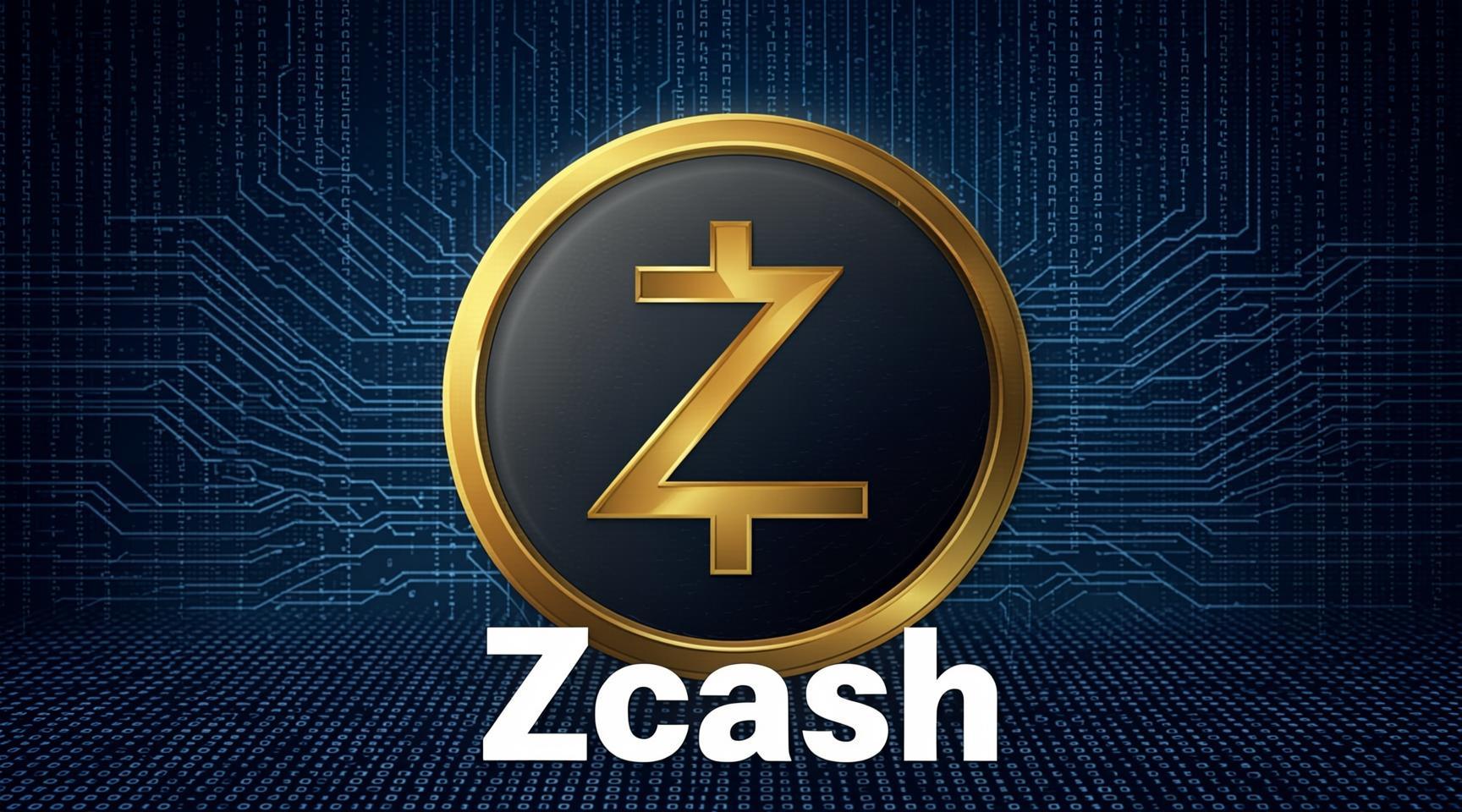 A gold Zcash coin bearing the Z logo against a blue circuit board and binary code