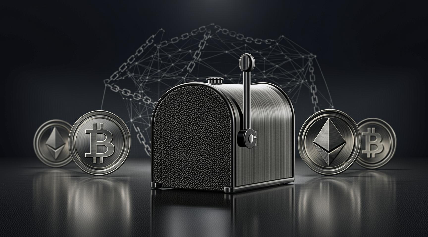 A metal mailbox with its flag up, flanked by Bitcoin and Ethereum coins against a blockchain network diagram